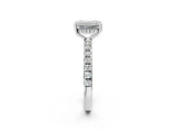 White gold Emerald Cut Diamond Pave Band Solitaire Ring with Round with Moissanite side stone and Prong Setting_26