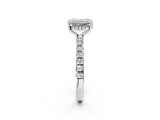 White gold Emerald Cut Diamond Pave Band Solitaire Ring with Round with Moissanite side stone and Prong Setting_26