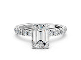 White gold Emerald Cut Diamond Pave Band Solitaire Ring with Round with Moissanite side stone and Prong Setting_30
