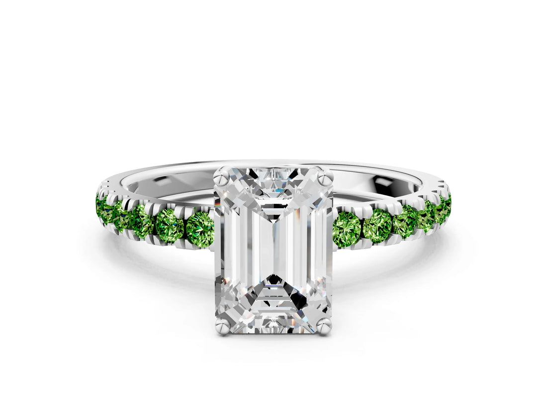 White gold Emerald Cut Diamond Pave Band Solitaire Ring with Round with Peridot side stone and Prong Setting_24