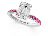 White gold Emerald Cut Diamond Pave Band Solitaire Ring with Round with Pink Sapphire side stone and Prong Setting_25