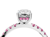 White gold Emerald Cut Diamond Pave Band Solitaire Ring with Round with Pink Sapphire side stone and Prong Setting_28