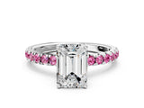 White gold Emerald Cut Diamond Pave Band Solitaire Ring with Round with Pink Sapphire side stone and Prong Setting_36