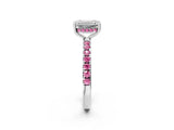White gold Emerald Cut Diamond Pave Band Solitaire Ring with Round with Pink Sapphire side stone and Prong Setting_38