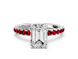 White gold Emerald Cut Diamond Pave Band Solitaire Ring with Round with Ruby side stone and Prong Setting_12