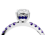 White gold Emerald Cut Diamond Pave Band Solitaire Ring with Round with Tanzanite side stone and Prong Setting_16