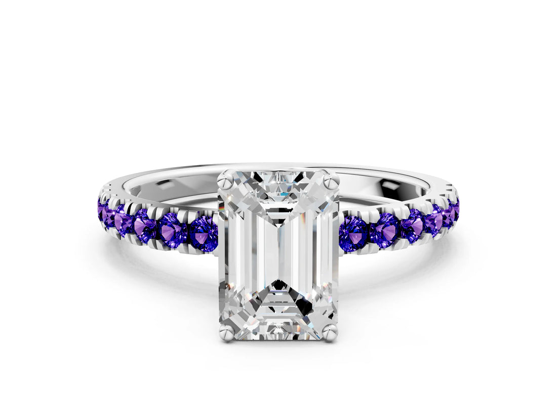 White gold Emerald Cut Diamond Pave Band Solitaire Ring with Round with Tanzanite side stone and Prong Setting