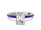 White gold Emerald Cut Diamond Pave Band Solitaire Ring with Round with Tanzanite side stone and Prong Setting