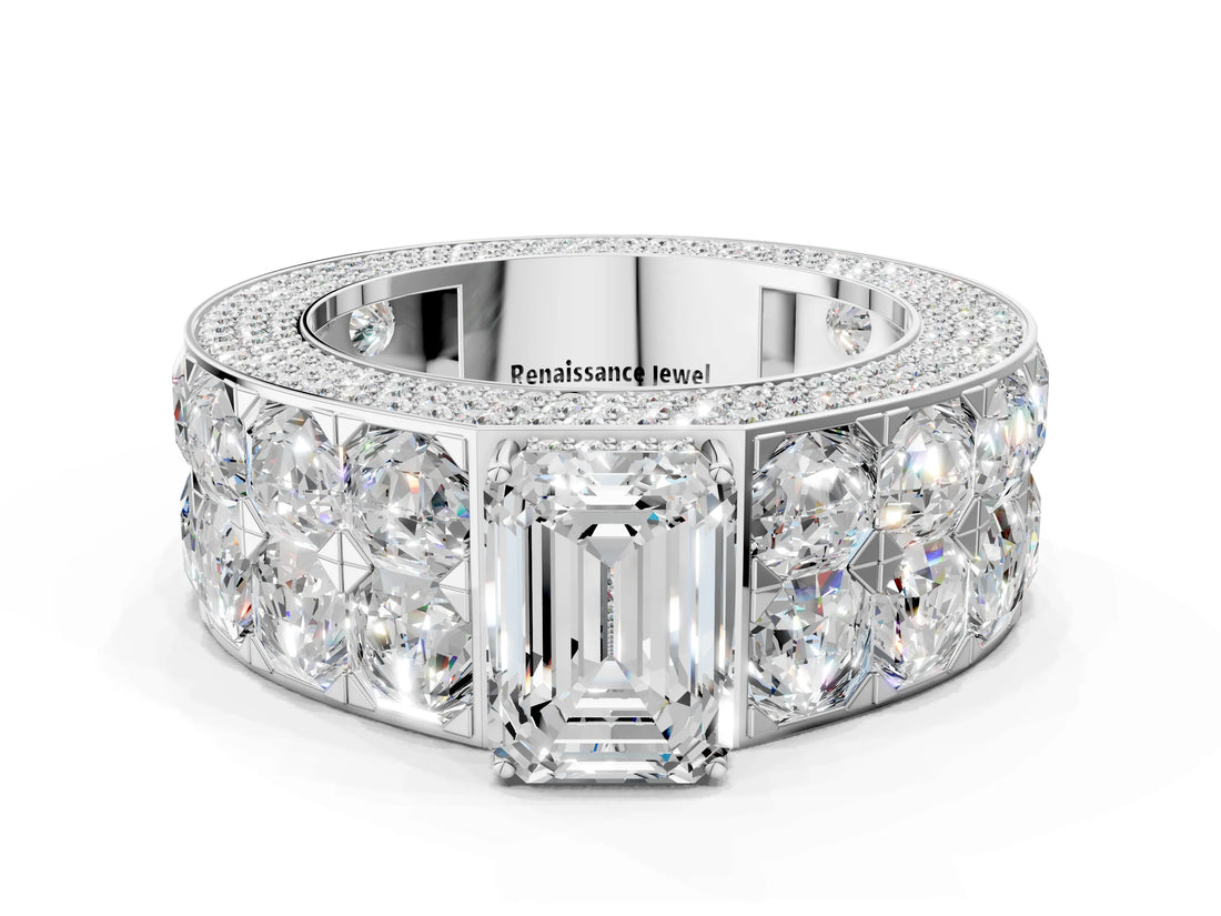 White gold Emerald Cut Diamond Radiant Pavé Mens Ring