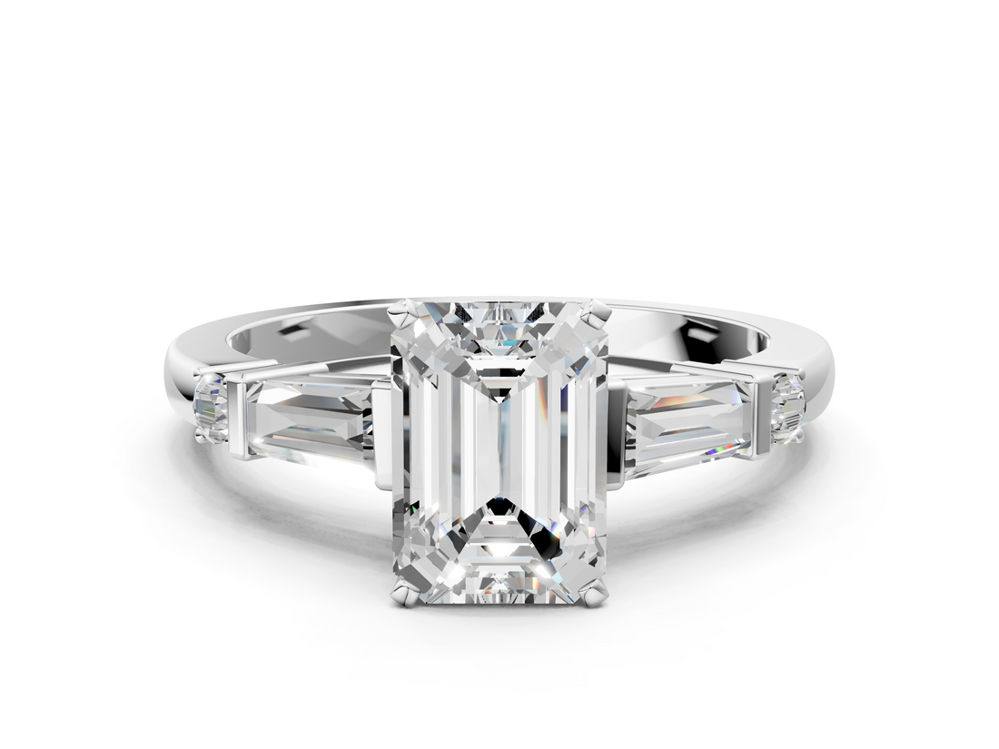 White gold Emerald Cut Diamond Ring with Baguette Side Stones, Channel Set Band, and Four-Prong Setting_34