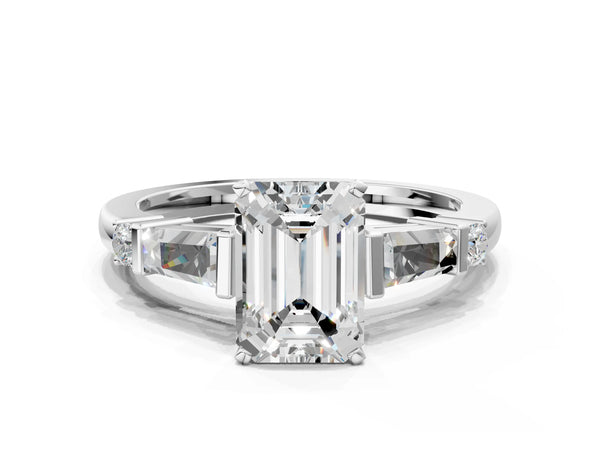 White Gold Emerald Cut Three Stone Engagement Ring Setting with Bar Set Tapered Baguettes