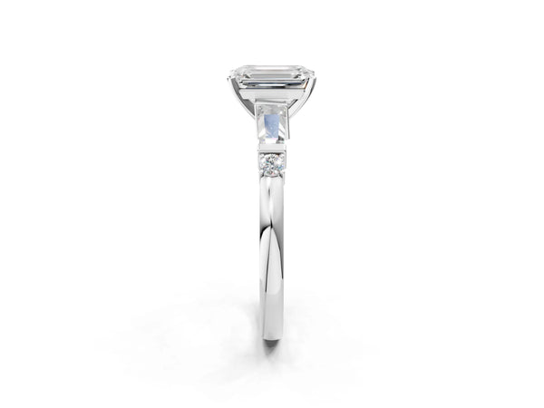 White Gold Emerald Cut Three Stone Engagement Ring Setting with Bar Set Tapered Baguettes