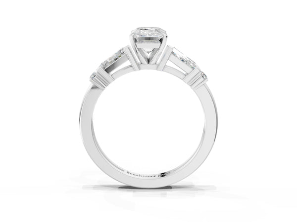 White Gold Emerald Cut Three Stone Engagement Ring Setting with Bar Set Tapered Baguettes