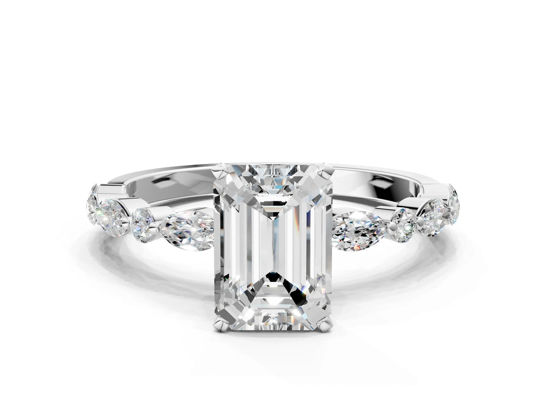 White gold Emerald Cut Diamond Ring with Marquise and Round  Side Stones and Four-Prong Setting_197