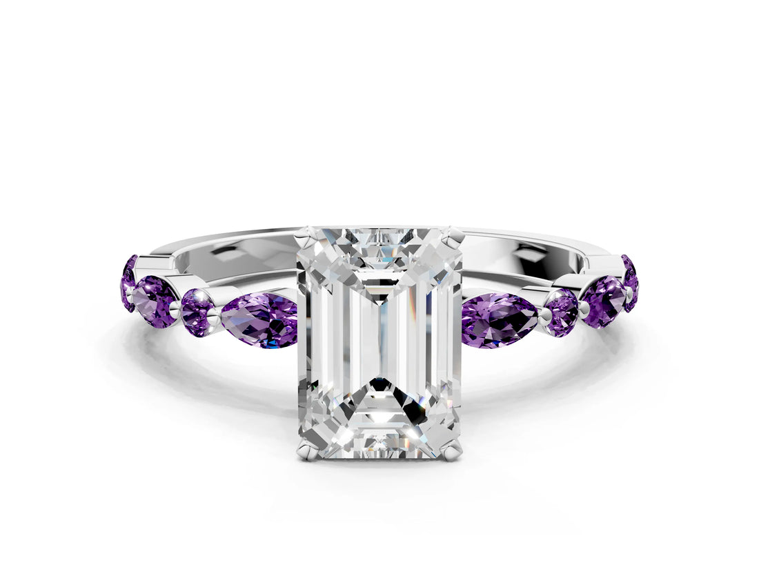 White gold Emerald Cut Diamond Ring with Marquise and Round with Amethyst side stone Side Stones and Four-Prong Setting_12