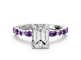 White gold Emerald Cut Diamond Ring with Marquise and Round with Amethyst side stone Side Stones and Four-Prong Setting_12