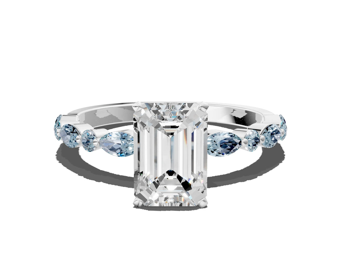 White gold Emerald Cut Diamond Ring with Marquise and Round with Aquamarine side stone Side Stones and Four-Prong Setting_12