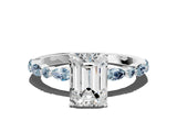 White gold Emerald Cut Diamond Ring with Marquise and Round with Aquamarine side stone Side Stones and Four-Prong Setting_24