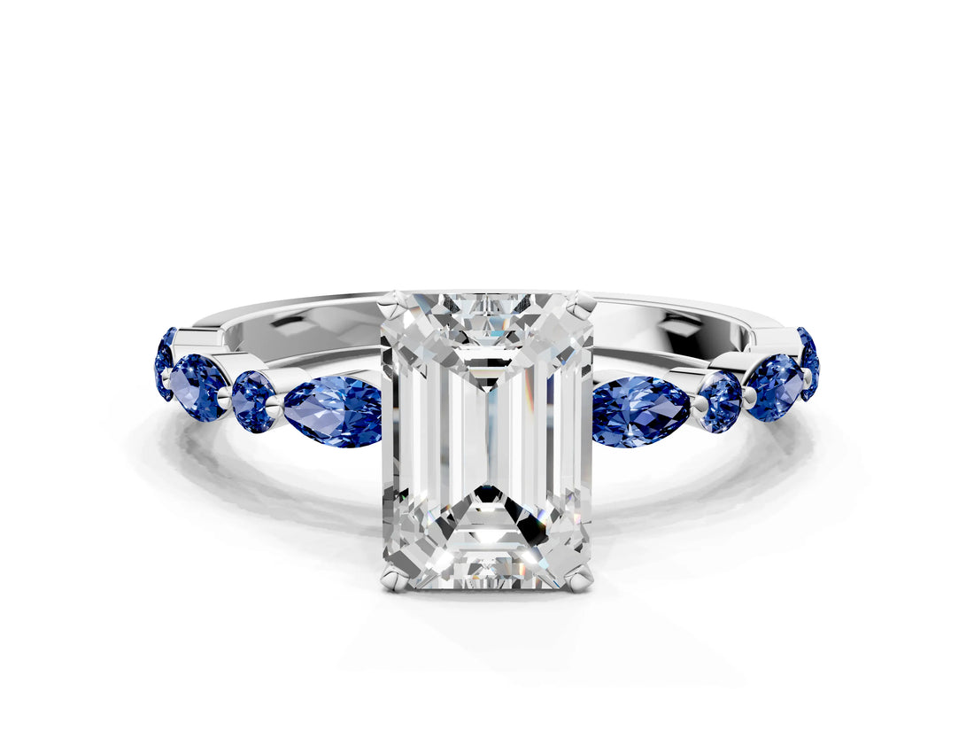 White gold Emerald Cut Diamond Ring with Marquise and Round with Blue Sapphire side stone Side Stones and Four-Prong Setting_48