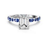 White gold Emerald Cut Diamond Ring with Marquise and Round with Blue Sapphire side stone Side Stones and Four-Prong Setting_48