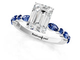 White gold Emerald Cut Diamond Ring with Marquise and Round with Blue Sapphire side stone Side Stones and Four-Prong Setting_61