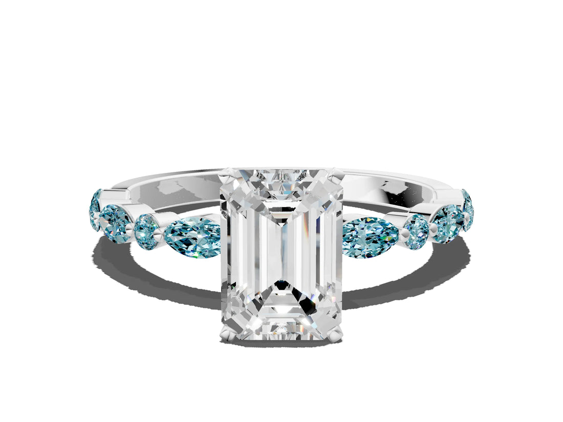 White gold Emerald Cut Diamond Ring with Marquise and Round with Blue Topaz side stone Side Stones and Four-Prong Setting_24