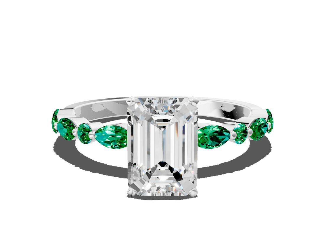 White gold Emerald Cut Diamond Ring with Marquise and Round with Emerald side stone Side Stones and Four-Prong Setting_48