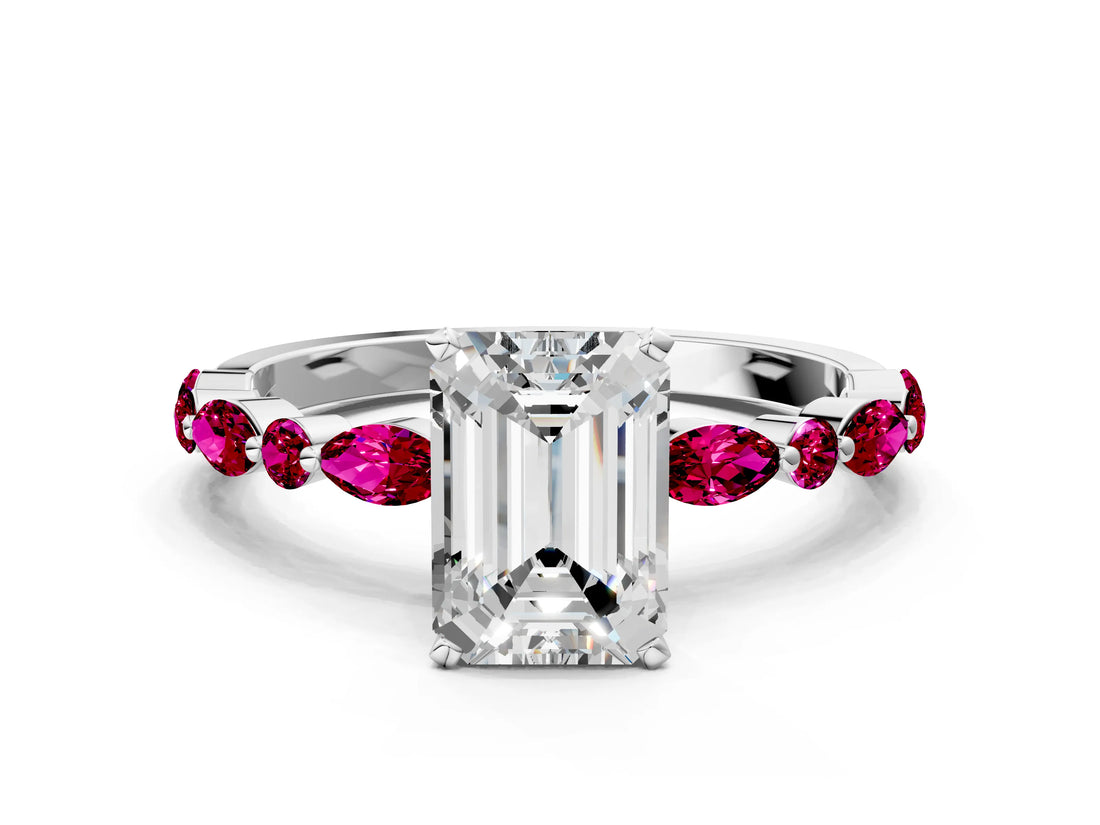 White gold Emerald Cut Diamond Ring with Marquise and Round with Garnet side stone Side Stones and Four-Prong Setting_24