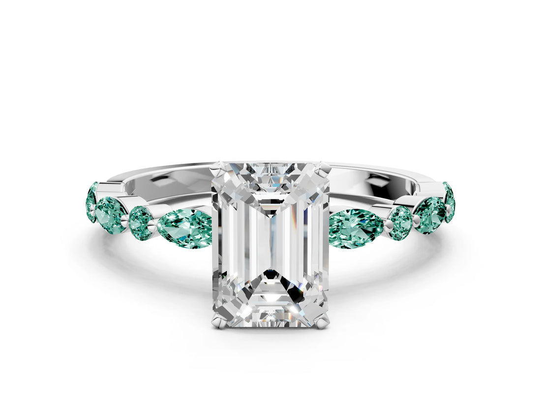 White gold Emerald Cut Diamond Ring with Marquise and Round with Green Sapphire side stone Side Stones and Four-Prong Setting