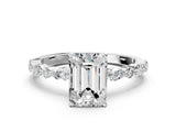 White gold Emerald Cut Diamond Ring with Marquise and Round with Moissanite side stone Side Stones and Four-Prong Setting_36