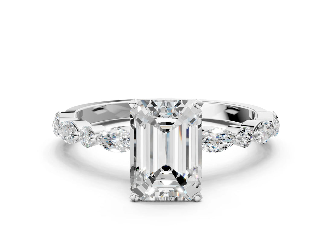 White gold Emerald Cut Diamond Ring with Marquise and Round with Moissanite side stone Side Stones and Four-Prong Setting_48