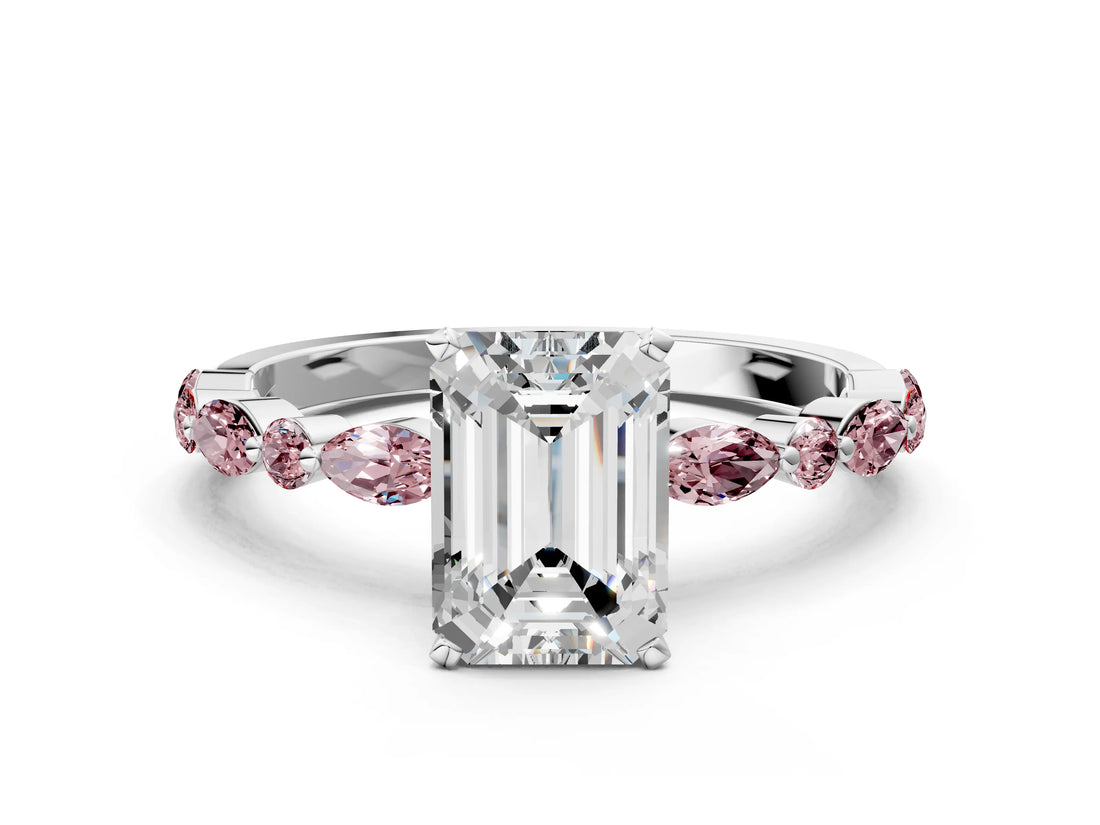 White gold Emerald Cut Diamond Ring with Marquise and Round with Morganite side stone Side Stones and Four-Prong Setting_12