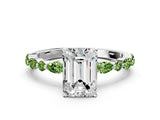 White gold Emerald Cut Diamond Ring with Marquise and Round with Peridot side stone Side Stones and Four-Prong Setting_12