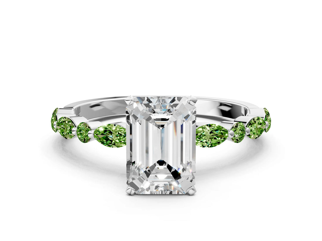 White gold Emerald Cut Diamond Ring with Marquise and Round with Peridot side stone Side Stones and Four-Prong Setting_6