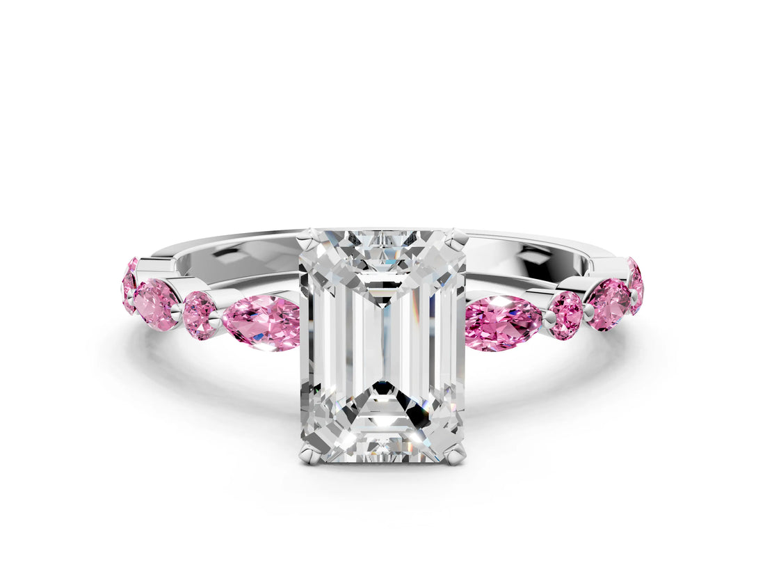 White gold Emerald Cut Diamond Ring with Marquise and Round with Pink Sapphire side stone Side Stones and Four-Prong Setting_12
