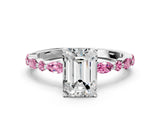 White gold Emerald Cut Diamond Ring with Marquise and Round with Pink Sapphire side stone Side Stones and Four-Prong Setting_12