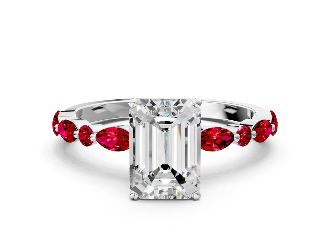 White gold Emerald Cut Diamond Ring with Marquise and Round with Ruby side stone Side Stones and Four-Prong Setting_36