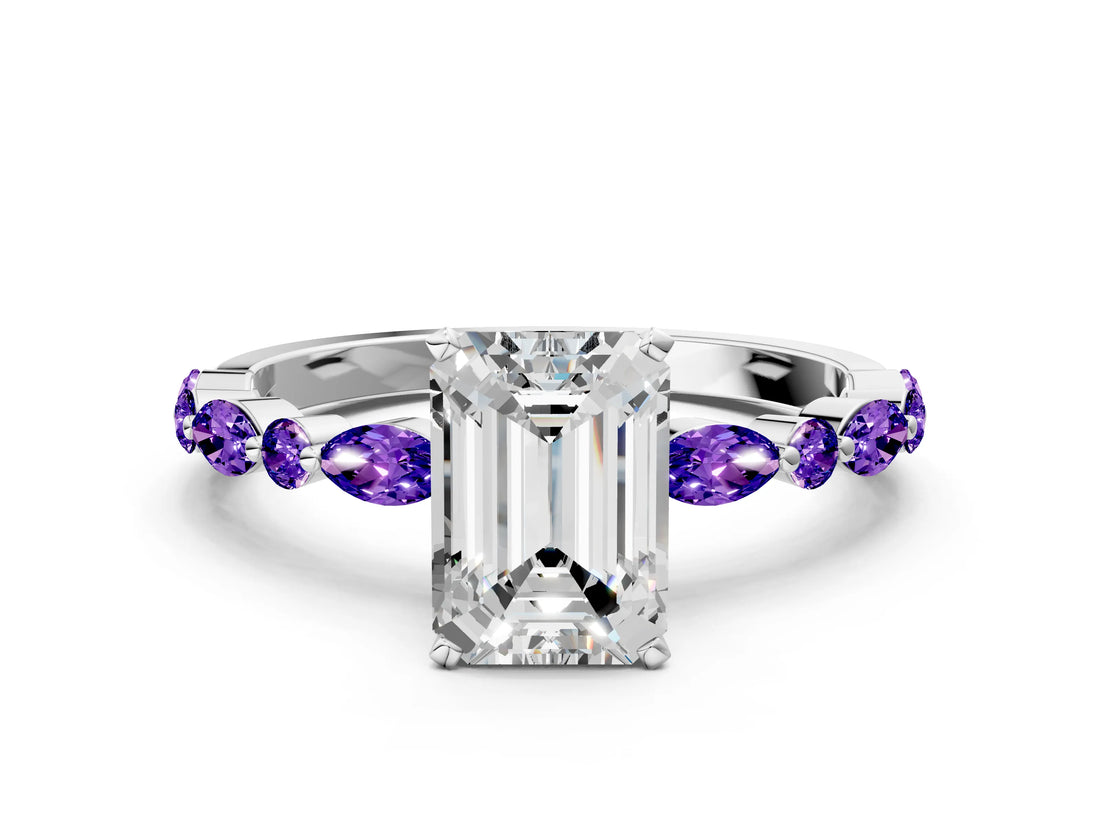 White gold Emerald Cut Diamond Ring with Marquise and Round with Tanzanite side stone Side Stones and Four-Prong Setting_24