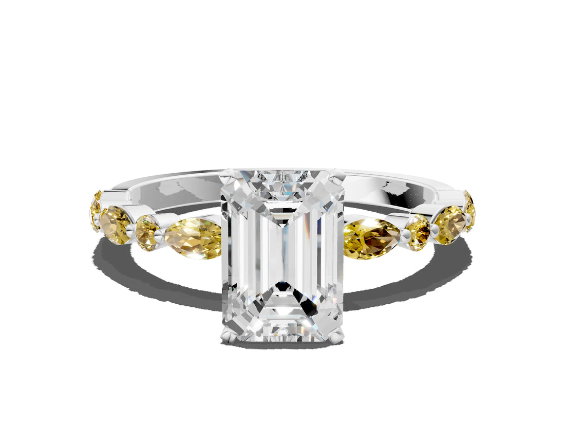 White gold Emerald Cut Diamond Ring with Marquise and Round with Yellow Sapphire side stone Side Stones and Four-Prong Setting_24