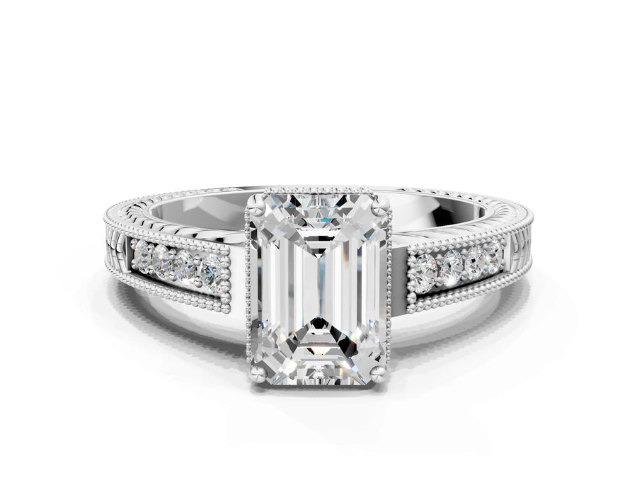 White gold Emerald Cut Diamond Ring with Milgrain Pavé Band and Four-Prong Setting