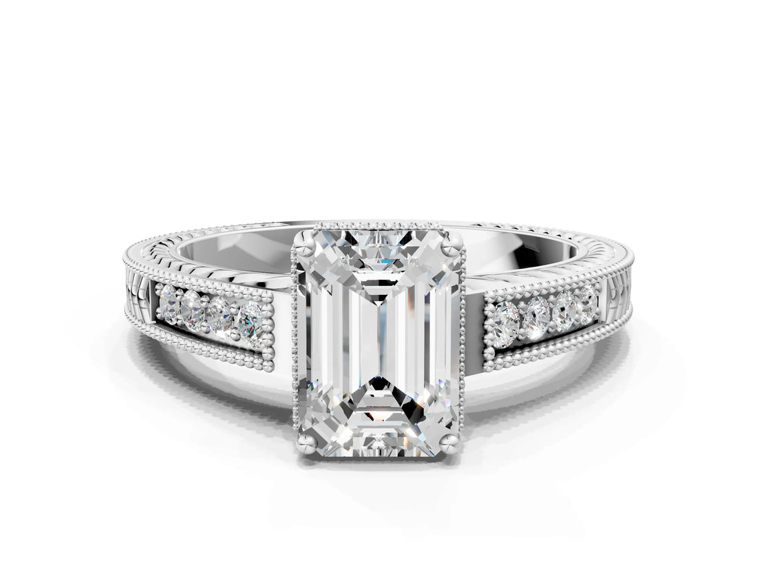 White gold Emerald Cut Diamond Ring with Milgrain Pavé Band and Four-Prong Setting_38