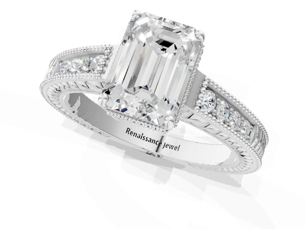 White gold Emerald Cut Diamond Ring with Milgrain Pavé Band and Four-Prong Setting