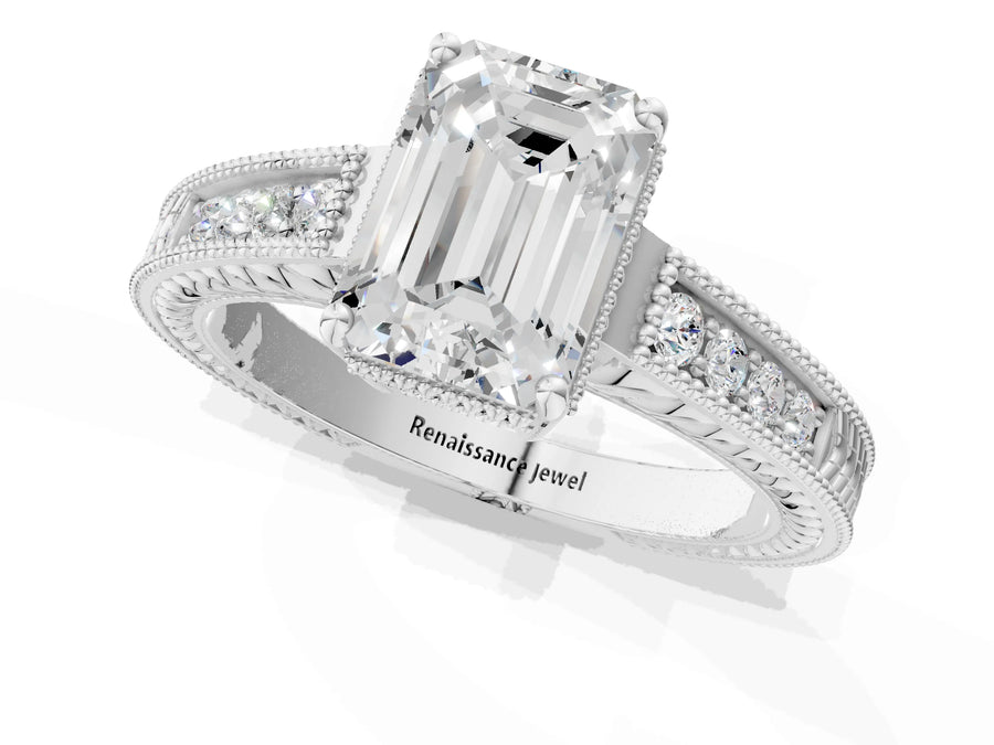 White gold Emerald Cut Diamond Ring with Milgrain Pavé Band and Four-Prong Setting