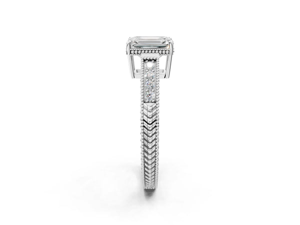 White gold Emerald Cut Diamond Ring with Milgrain Pavé Band and Four-Prong Setting