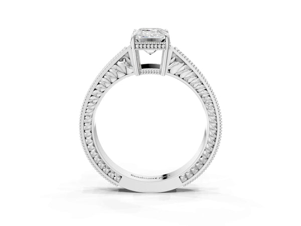 White gold Emerald Cut Diamond Ring with Milgrain Pavé Band and Four-Prong Setting