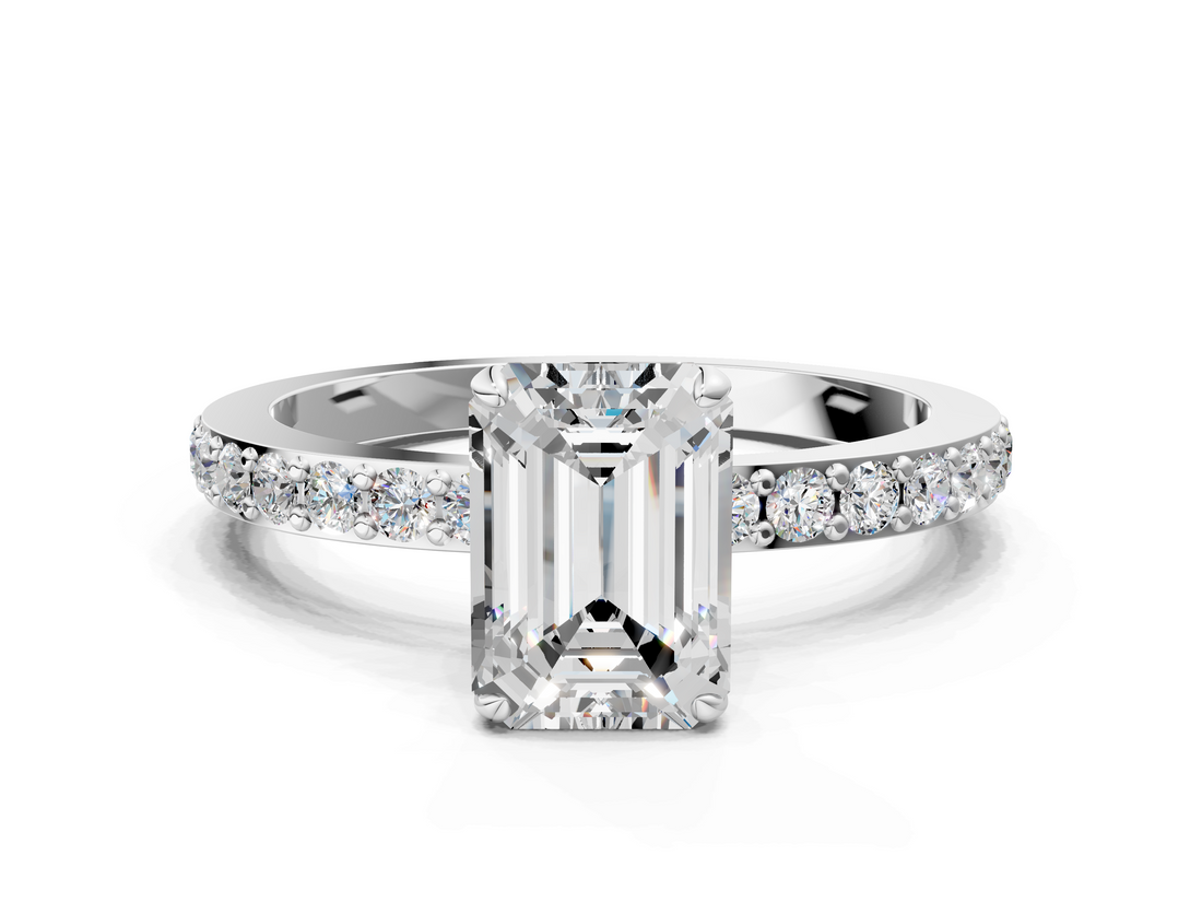 Silver 1.00 Carat D VS1 Emerald Diamond Pavé Engagement Ring with Round Accents and Prong Setting