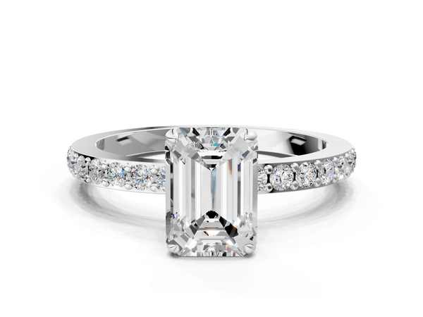 Silver 1.00 Carat D VS1 Emerald Diamond Pavé Engagement Ring with Round Accents and Prong Setting