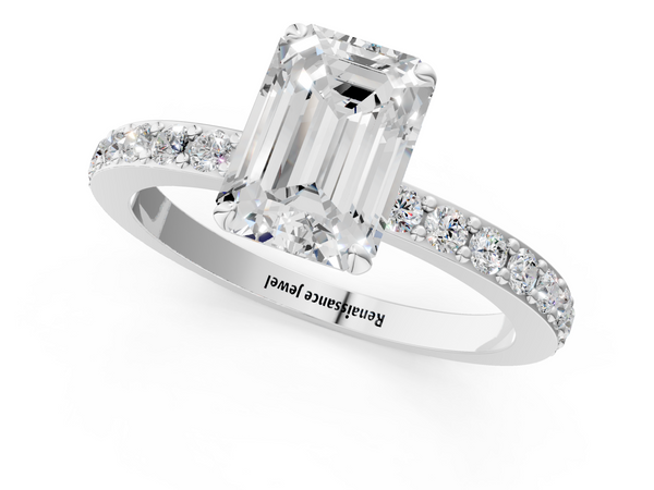 Silver 1.00 Carat D VS1 Emerald Diamond Pavé Engagement Ring with Round Accents and Prong Setting