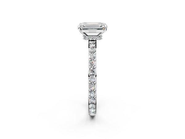 Silver 1.00 Carat D VS1 Emerald Diamond Pavé Engagement Ring with Round Accents and Prong Setting