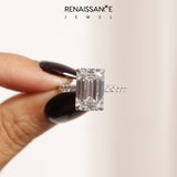 Silver 1.00 Carat D VS1 Emerald Diamond Pavé Engagement Ring with Round Accents and Prong Setting